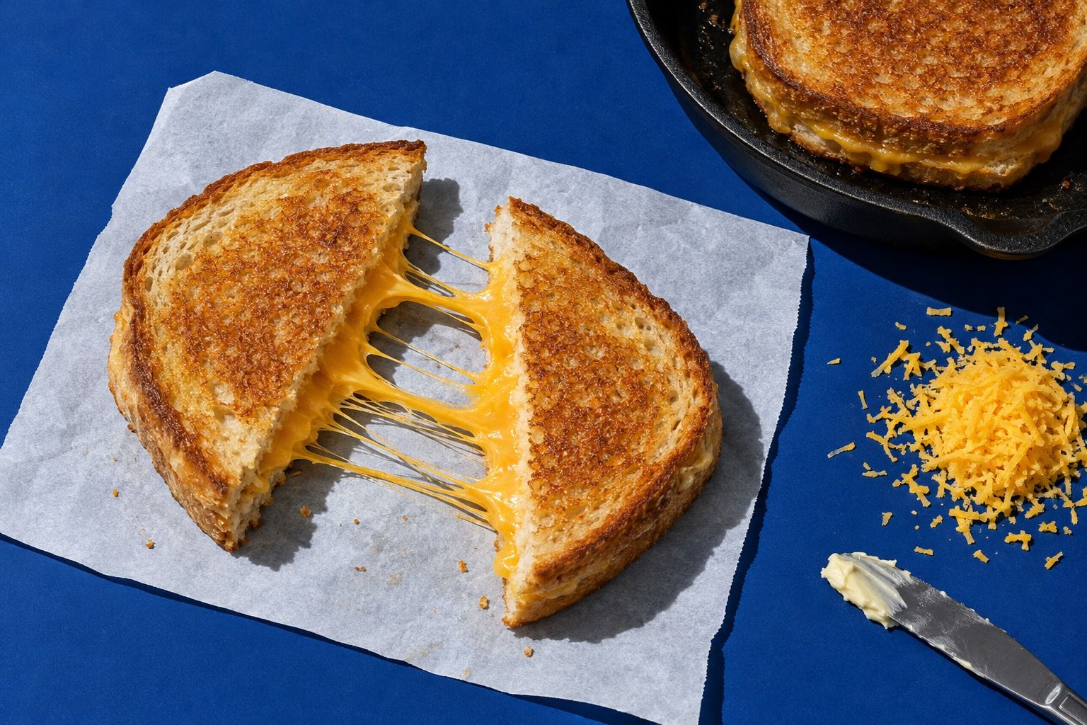 En grillad osttoast som dras isär så att långa trådar av smält cheddar spänns mellan halvorna. Bredvid står en gjutjärnspanna med en toast till.