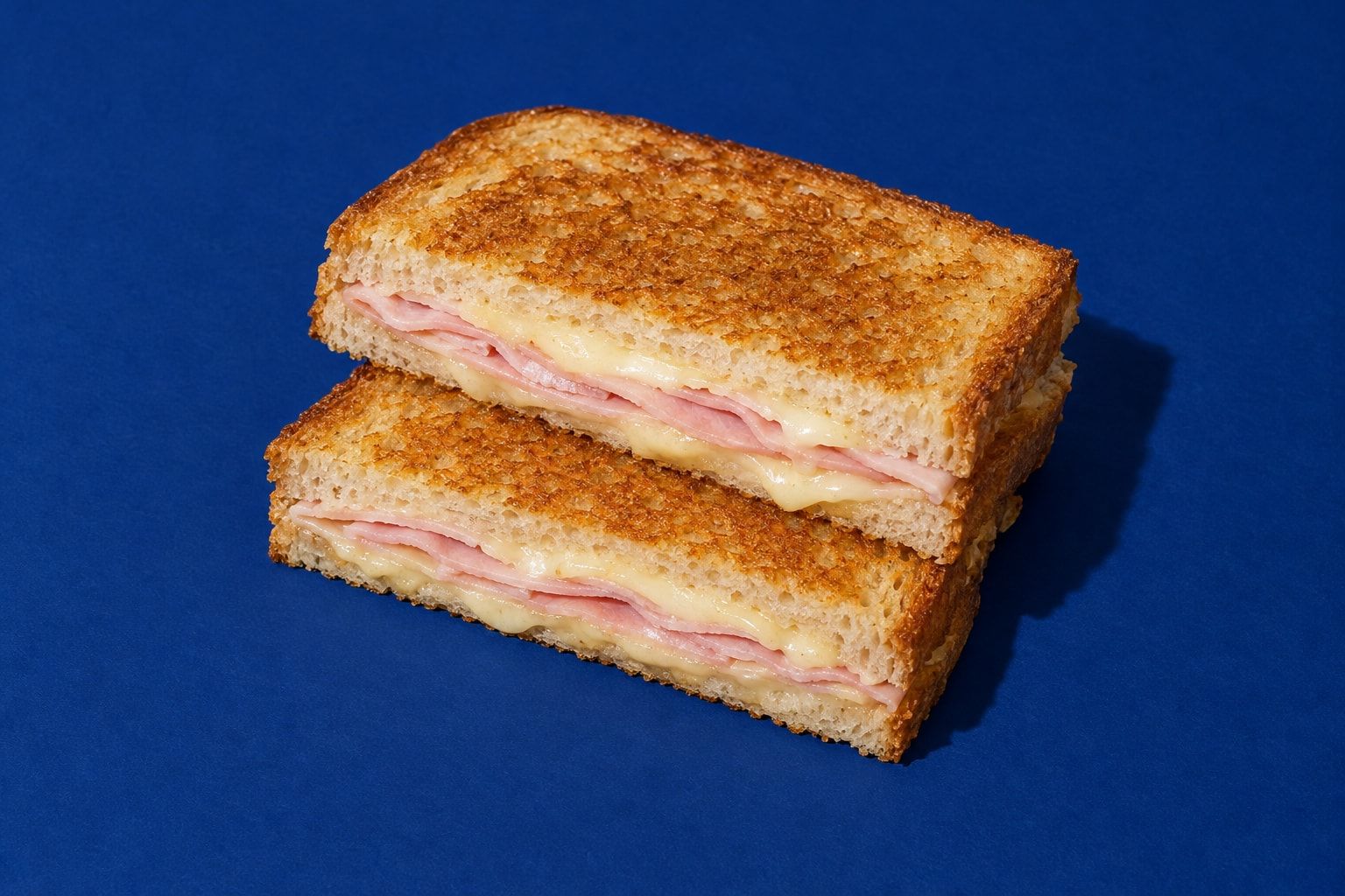 En toast delad rakt av i två rektanglar som ligger staplade, med tunna skivor ljusrosa skinka och smält ost i snittytan.